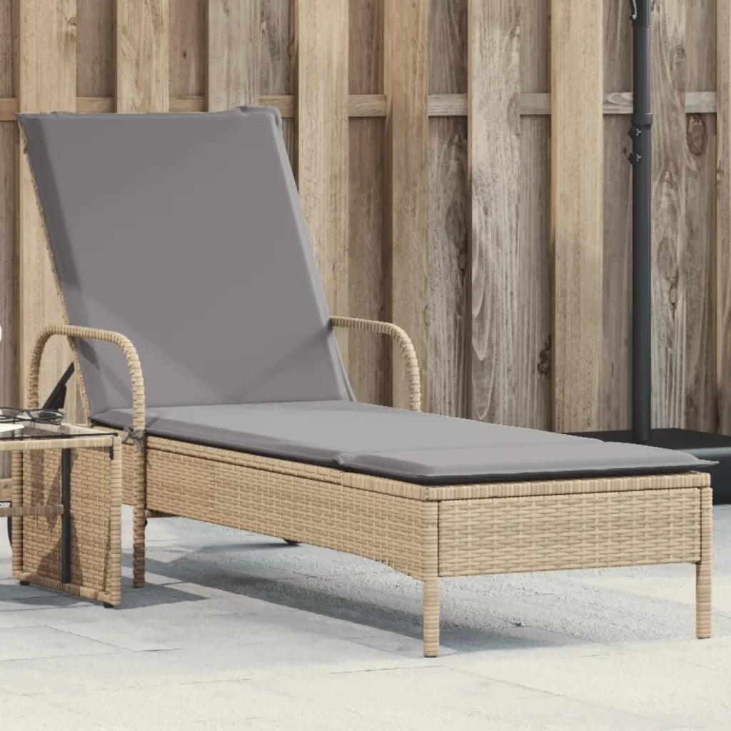 Lettino Prendisole con Ruote e Cuscino in Polyrattan Beige 368311