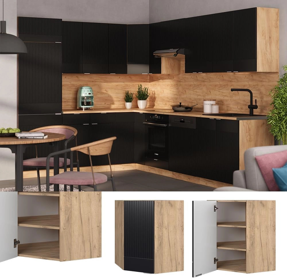 Mobile angolare da cucina Fame-Line, Nero a righe, 57 cm, per la combinazione con altri moduli della serie Fame-Line