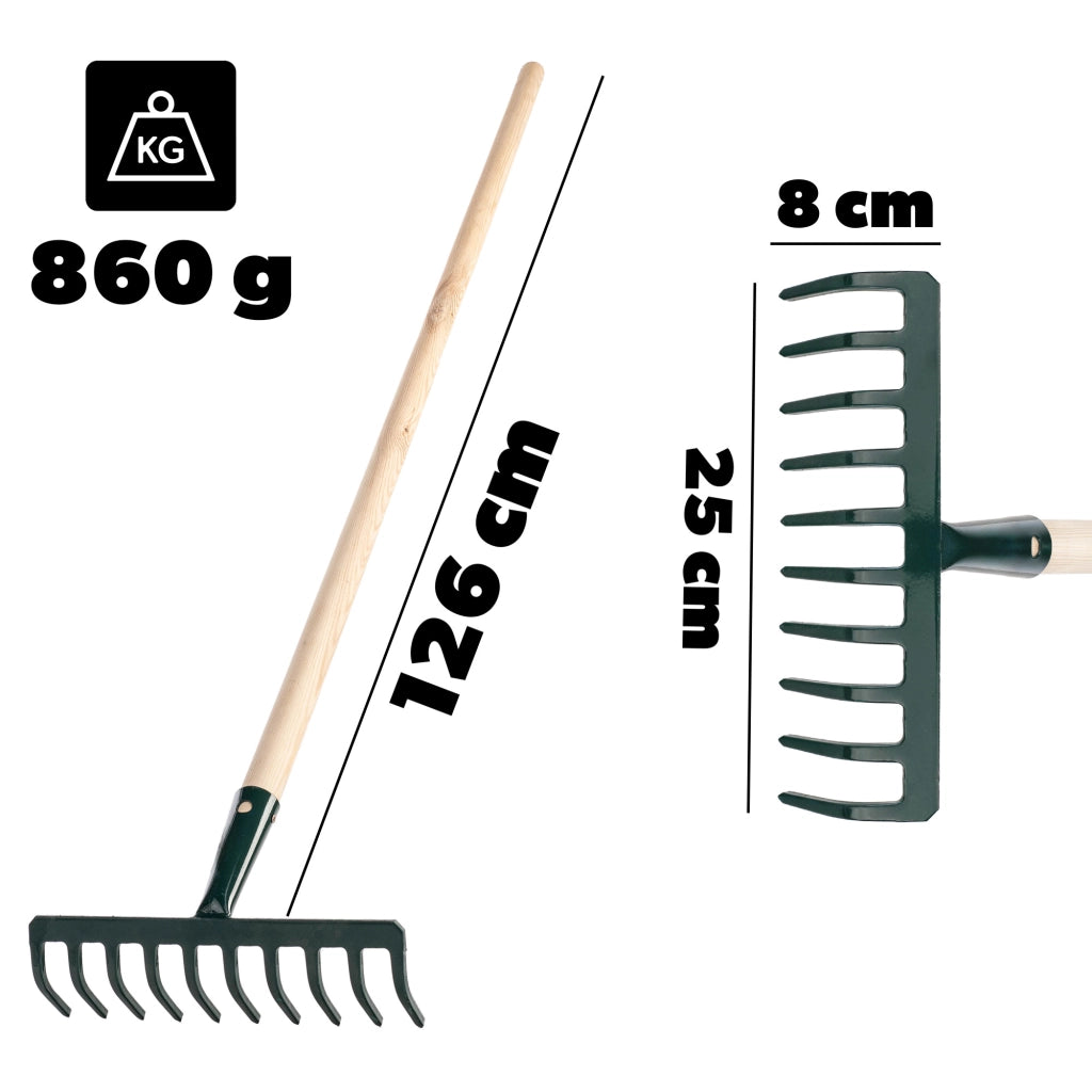 Rastrello per foglie KADAX, per terra ed erba, con manico in legno e 10 denti in metallo, 126 cm.