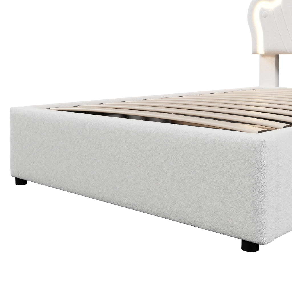 Letto imbottito 90x200 cm in PU bianco con LED; testiera regolabile e contenitore idraulico