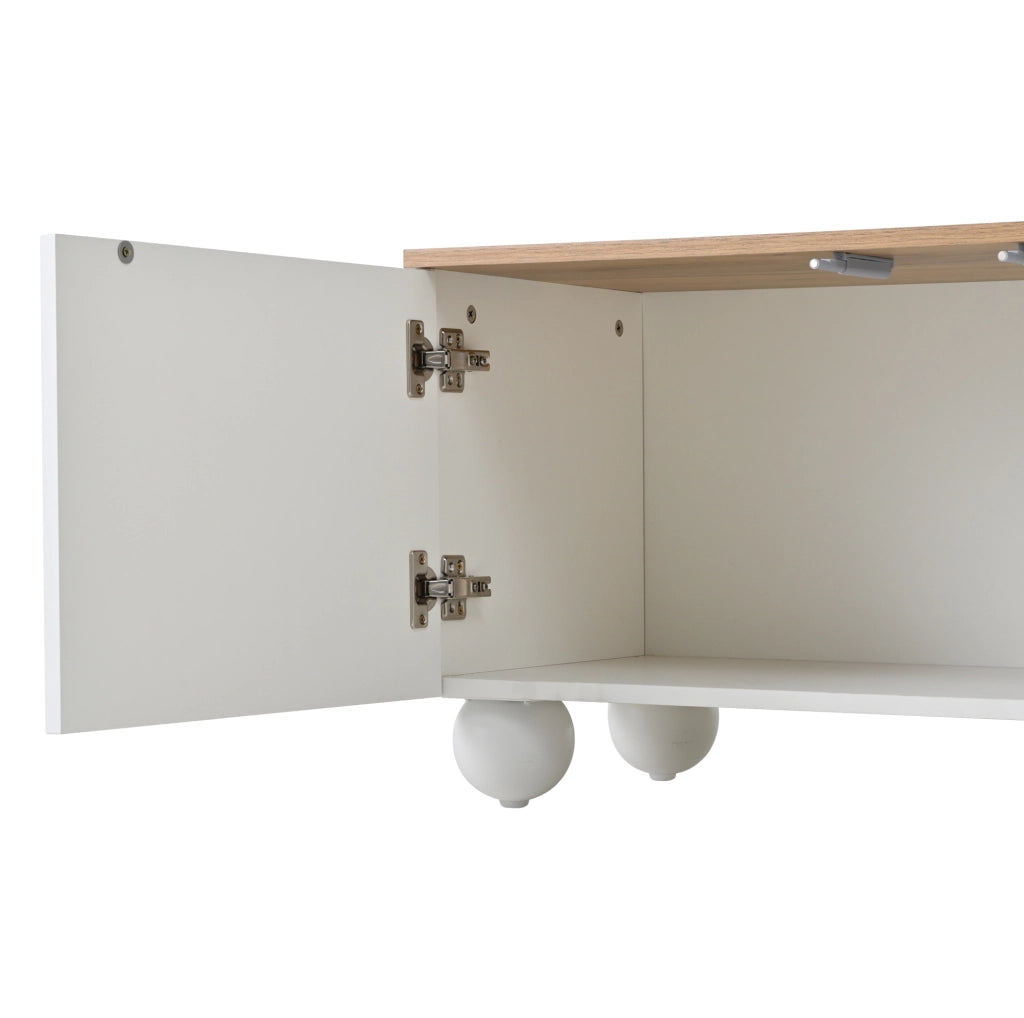 Mobile TV 180x40x45 cm con 4 ante e 6 gambe in metallo MDF bianco e naturale