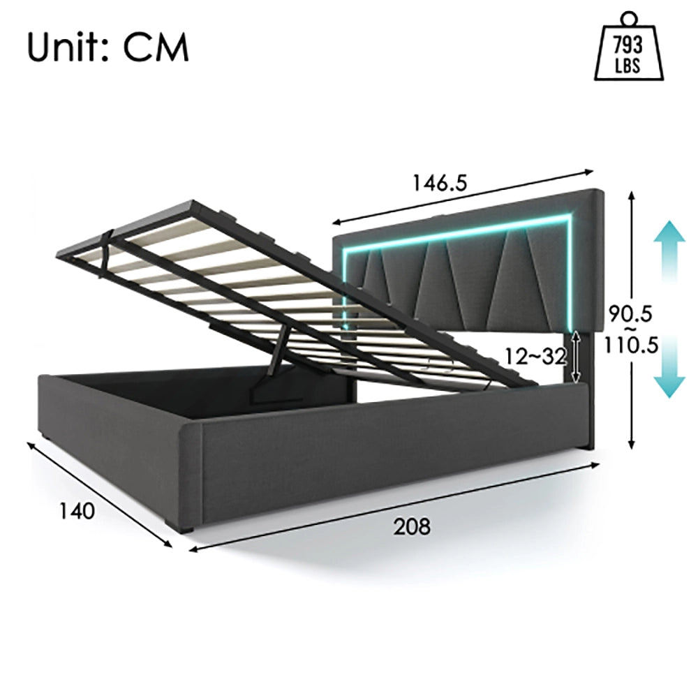 Letto matrimoniale con LED - Xylo - 140x200 cm - Grigio - USB-C, illuminazione LED