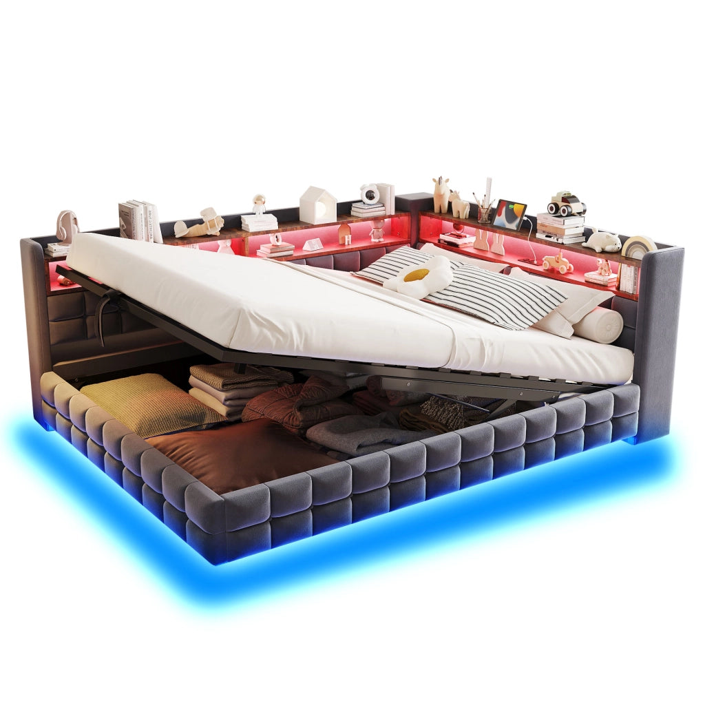 Letto Contenitore 140x200 cm con LED; USB; Type-C; Ripiani in Velluto Grigio