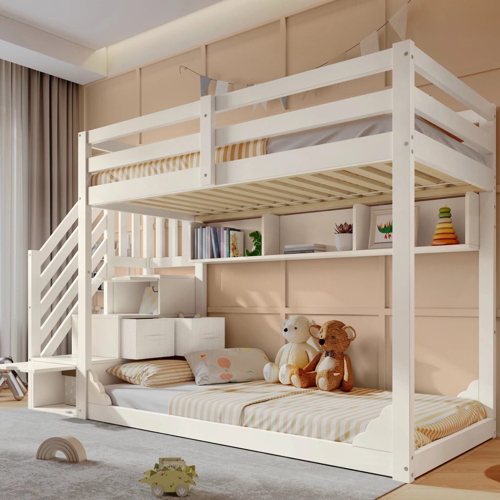 Letto a Castello 90x200 cm e 90x200 cm - Scala Contenitore e Mensole - Bianco