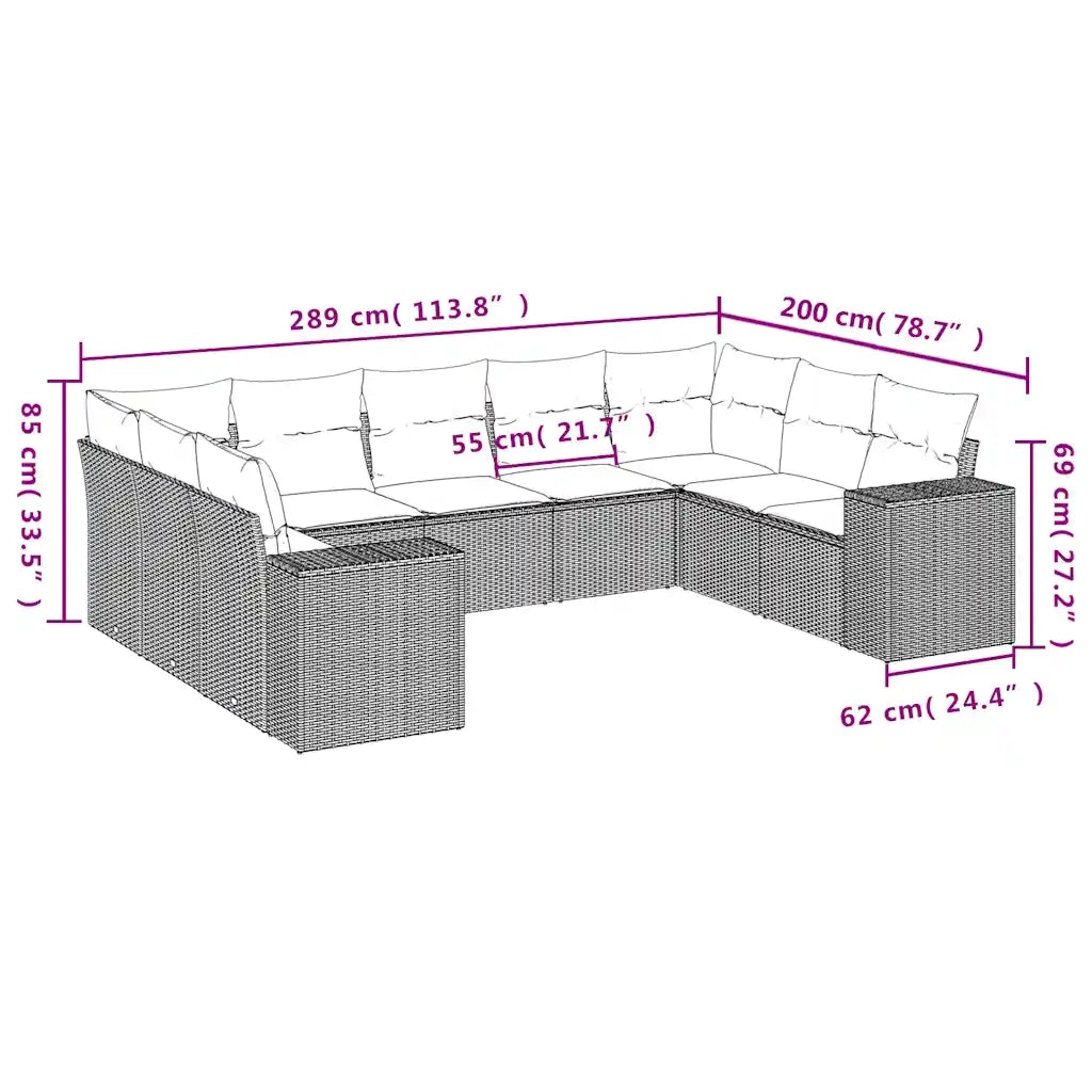 Set Divano da Giardino 9pz con Cuscini Grigio Chiaro Polyrattan