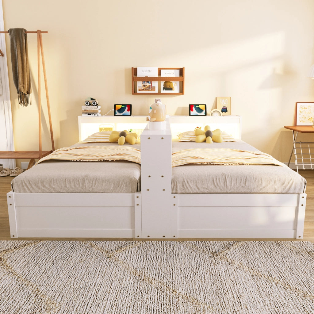 Letto salvaspazio matrimoniale 90×200 cm e 180×200 cm con prese e LED; contenitore; senza materasso; MDF; bianco