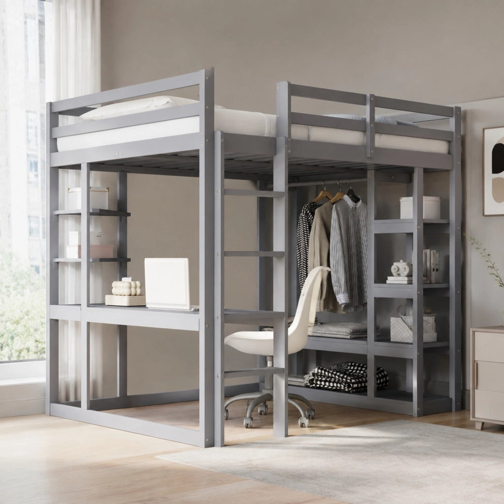 Letto a soppalco 140 × 200 cm con scrivania; ripiani e guardaroba integrato in legno grigio