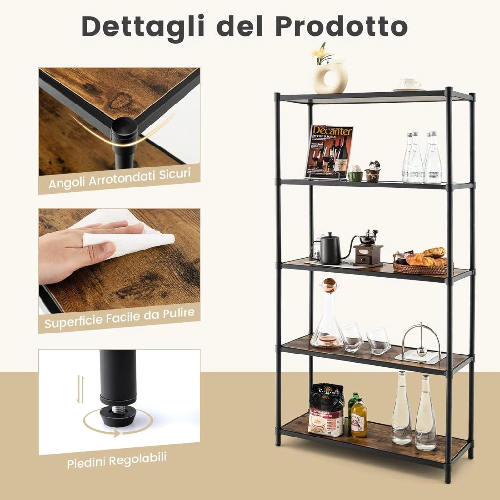 Scaffale a 5 Livelli, Scaffale di Stoccaggio Robusto, Libreria Multifunzionale e Flessibile per Ufficio Soggiorno Camera da Letto e Cucina, 80x29x154 cm