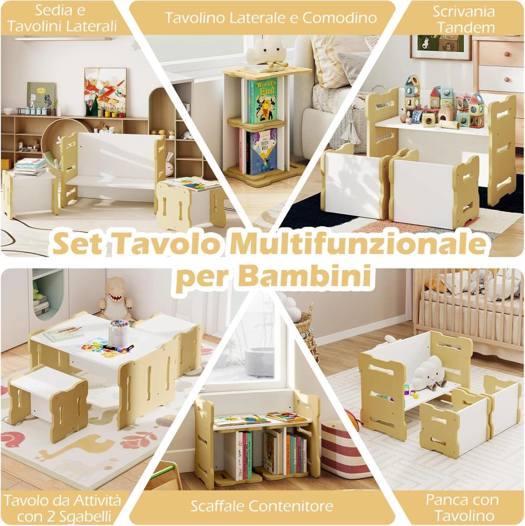 Set Tavolo e Sedia per Bambini, Set 3 Pezzi per Bambini con 2 Sgabelli e Tavolo Attività, Angoli Arrotondati e Maniglia, Mobili Multifunzionali per Casa, Scuola e Asilo (Naturale)