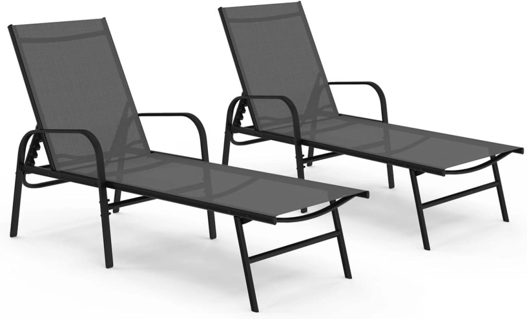 Set di 2 lettini da Giardino reclinabili FIDJI in Acciaio Nero e Tessuto Grigio Antracite
