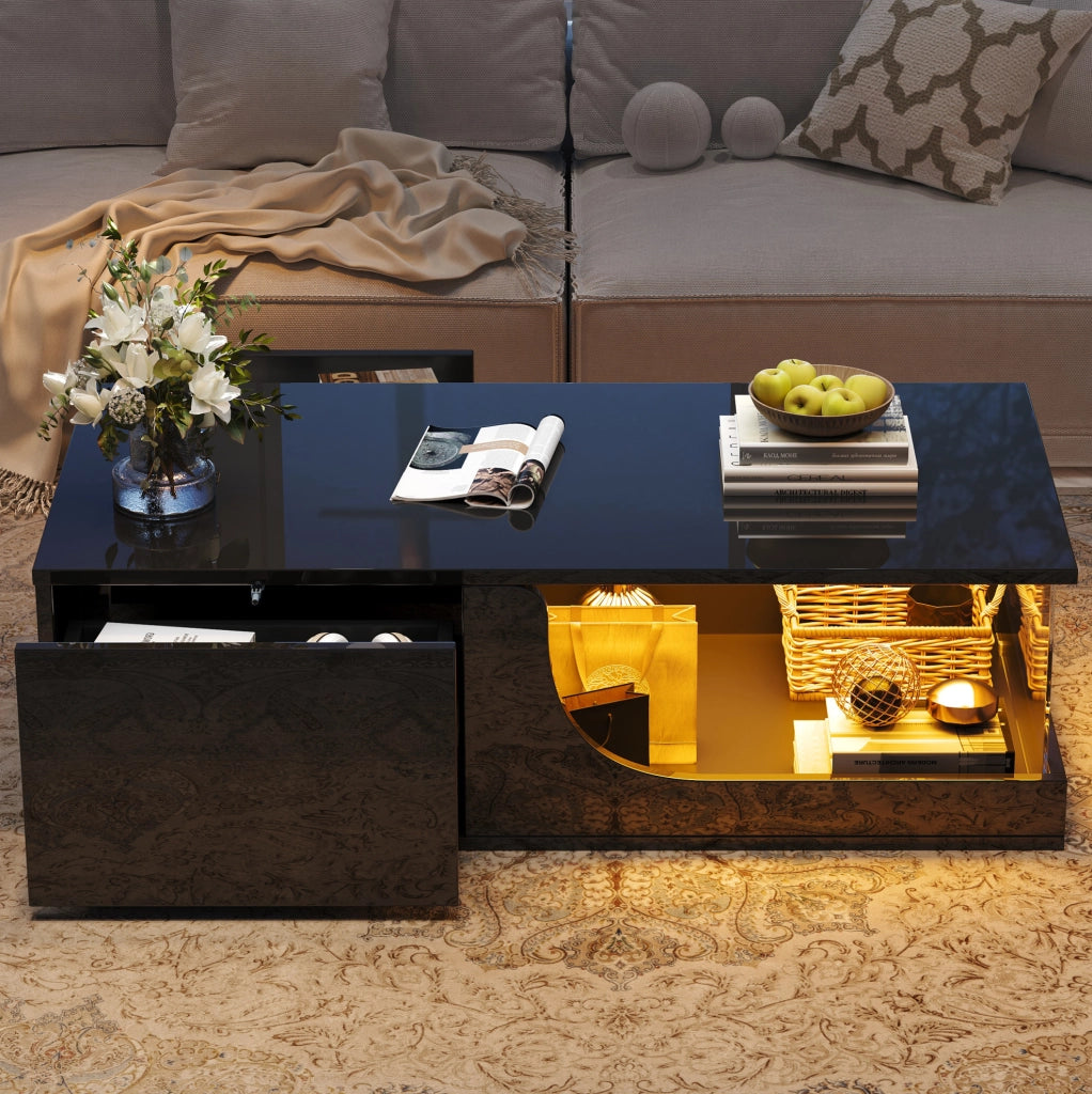 Tavolino nero 100x50x30 cm con 2 cassetti, LED USB e vetro temperato, MDF,