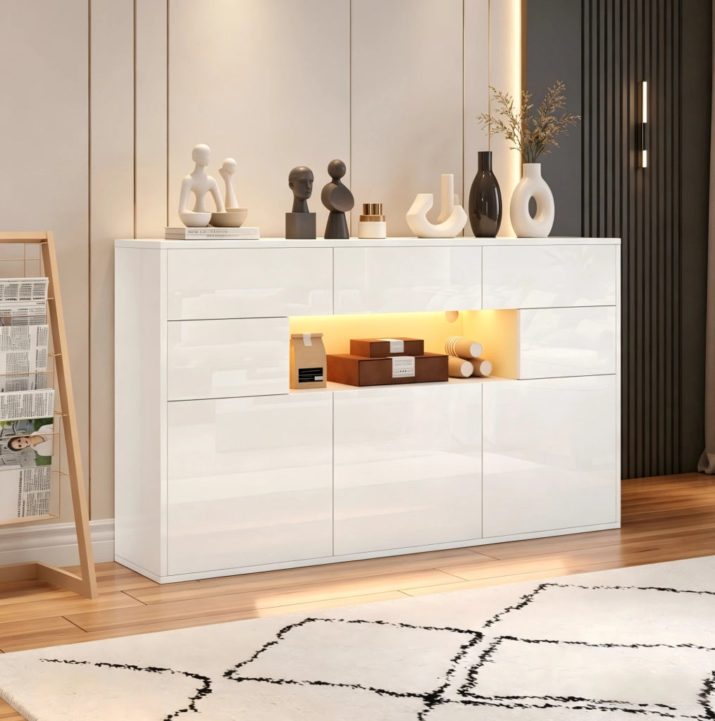 Credenza 140x30x82 cm con 3 cassetti e 5 vani; LED e finitura lucida in MDF bianca