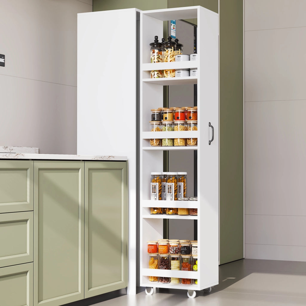 Libreria stretta con ruote e box protettivi; sponde di sicurezza in MDF bianca per libri A4 40 × 30 × 160.5 cm