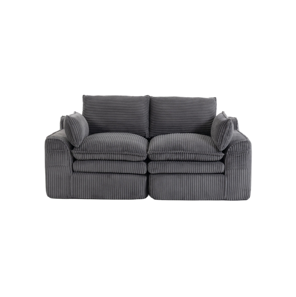 Divano 2 posti in velluto a coste grigio scuro con tasche laterali e cuscini; 191 cm