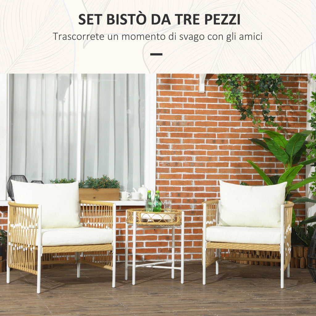 Set da Giardino Stile Boho in Rattan con 2 Sedie con Cuscini e Tavolino Rotondo. Giallo