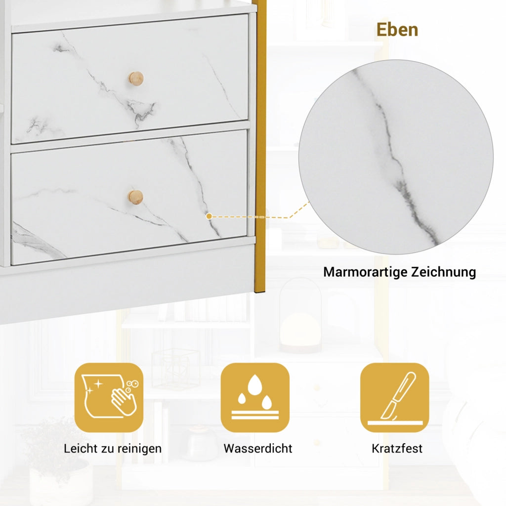 Libreria a 6 ripiani con ante e cassetti; 100 x 30 x 173;5 cm; truciolare bianco e oro