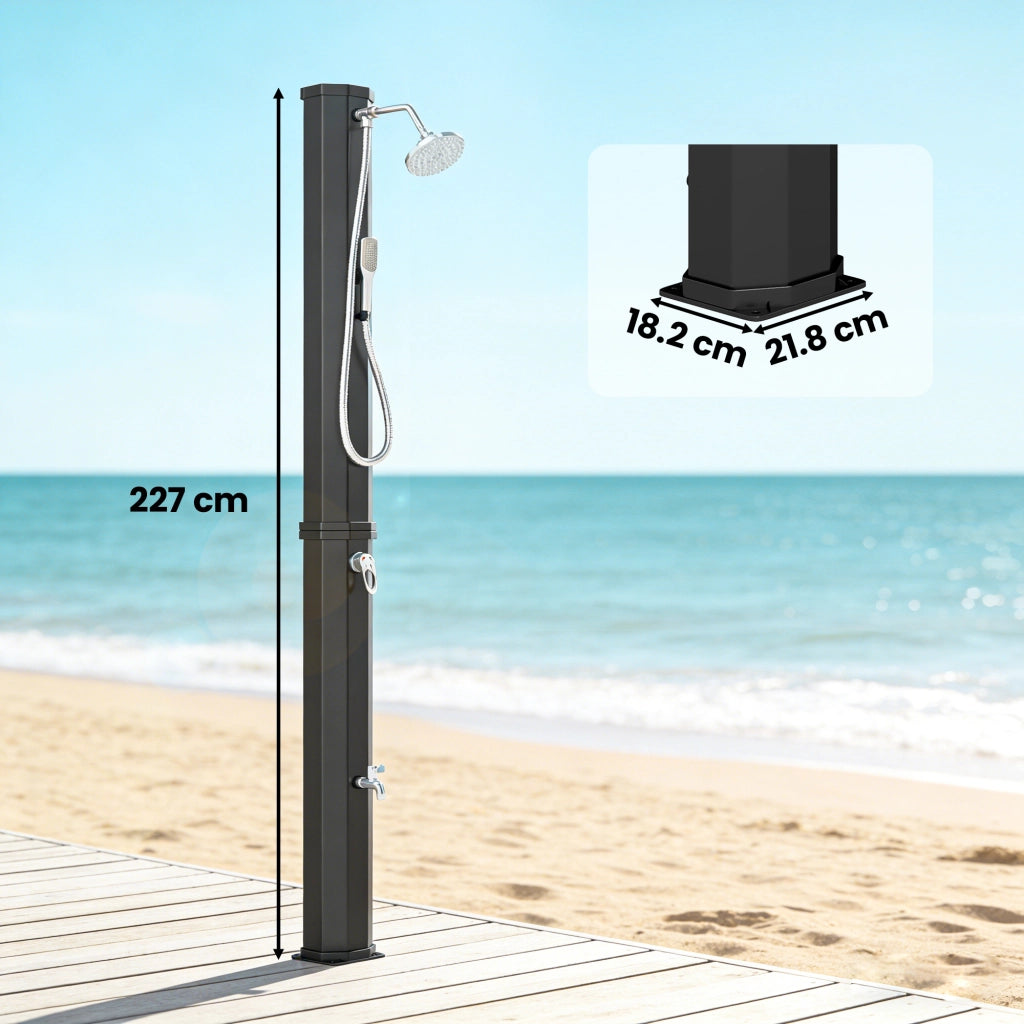 Doccia Solare 60L Doccia da Giardino da Esterno 21,8x18,2x227 cm con 2 Soffioni Riscaldata in ABS e Acciaio Inox Nero