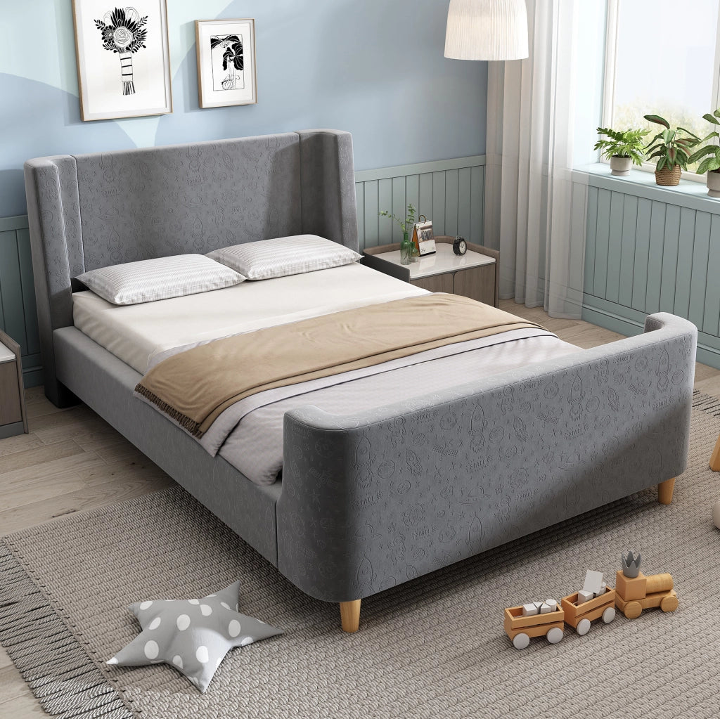 Letto singolo a slitta con motivo spaziale; 90x200 cm; in velluto grigio