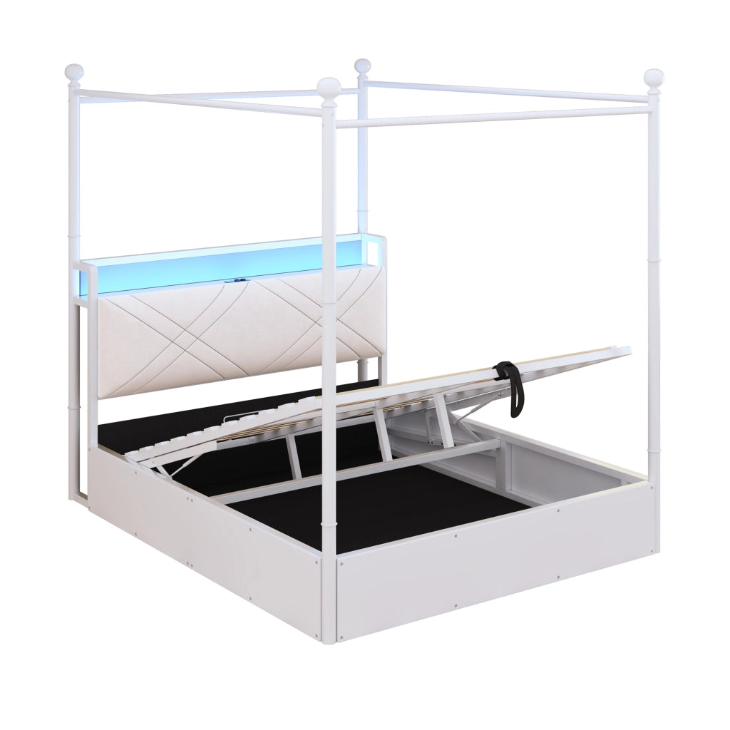 Letto matrimoniale contenitore 140×190 cm con LED; USB e Type-C; testiera imbottita; senza materasso; ferro; bianco