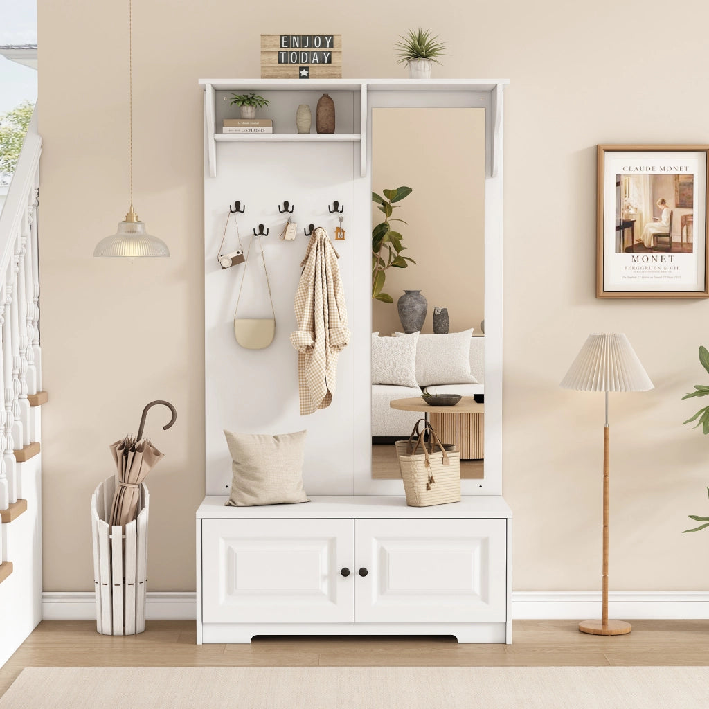 Mobile ingresso con specchio, 5 ganci e 2 vani chiusi, per ingresso, in MDF bianco, 100 × 40 × 180 cm