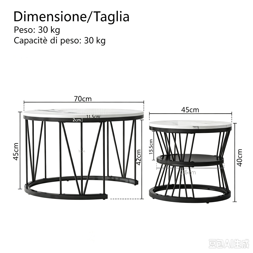 Tavolino da salotto rotondo 70x70x45 cm; set 2 pezzi sovrapponibile; tavolino salotto moderno con struttura in metallo nero e piano effetto marmo nero