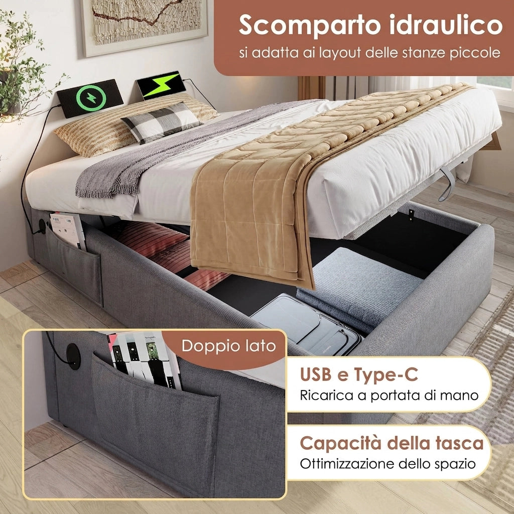 Letto Singolo 90x200; Letto Contenitore Senza Testiera con Porte USB; Cotone e Legno; Grigio