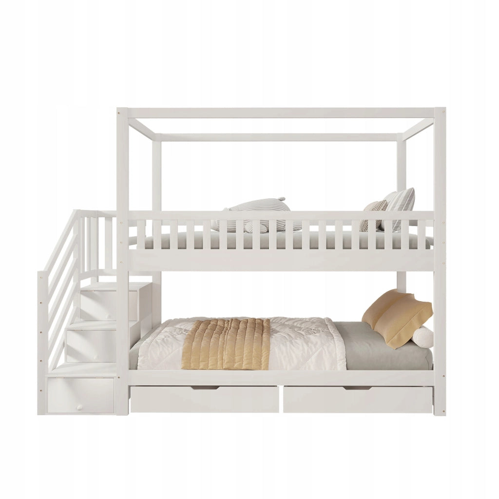Letto a castello 90x200 - Xylo - Bianco con scala e cassetti