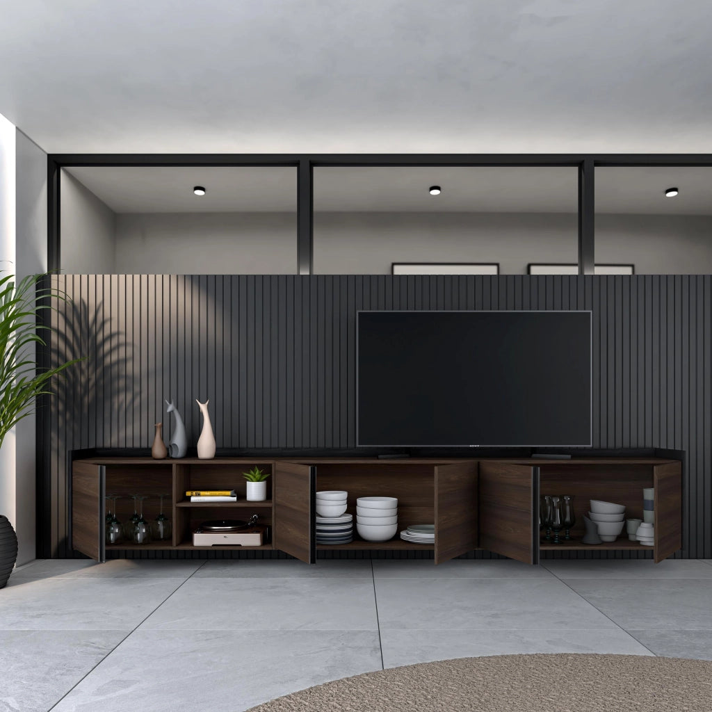 Mobile TV Soggiorno, 309x50x35 cm, Per TV fino a 80", Sospeso, da appendere, Rovere scuro e Nero