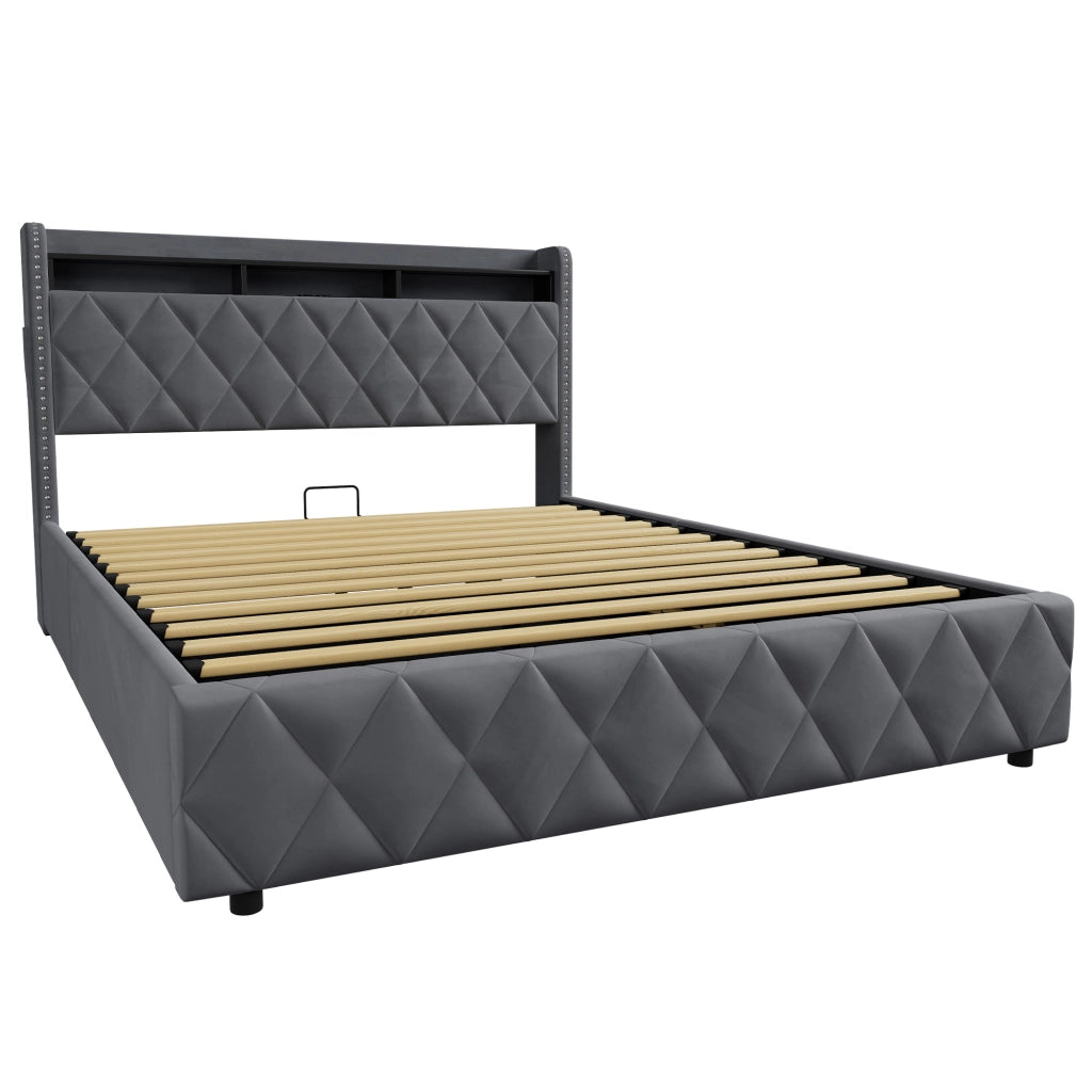Letto matrimoniale imbottito contenitore grigio scuro 160x200 cm con LED e dock USB