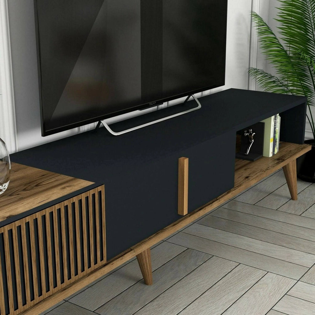 Parete attrezzata Ostro, Composizione soggiorno, Mobile salotto multiuso, Armadio porta TV, 180x35h40 cm, Noce e Antracite