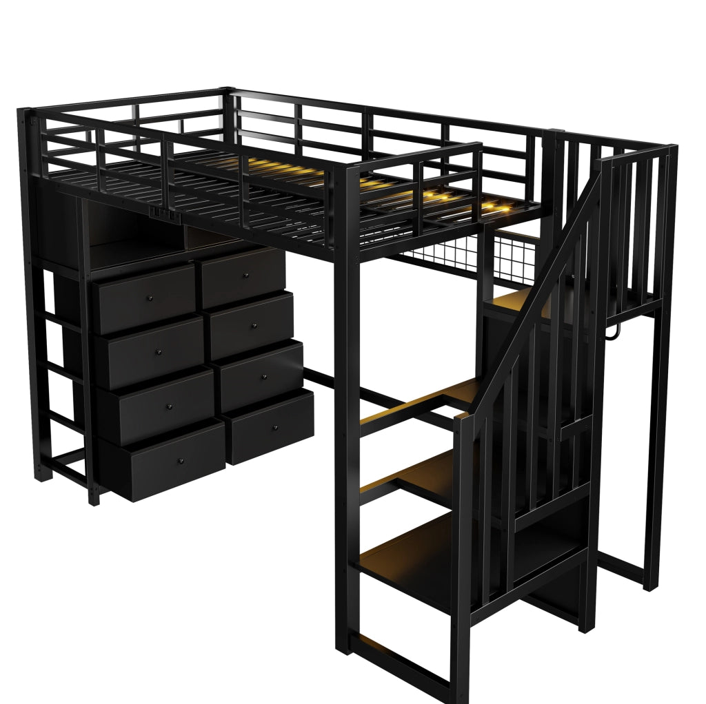 LETTO A SOPPALCO 90x200 cm con 8 Cassetti e LED Nero