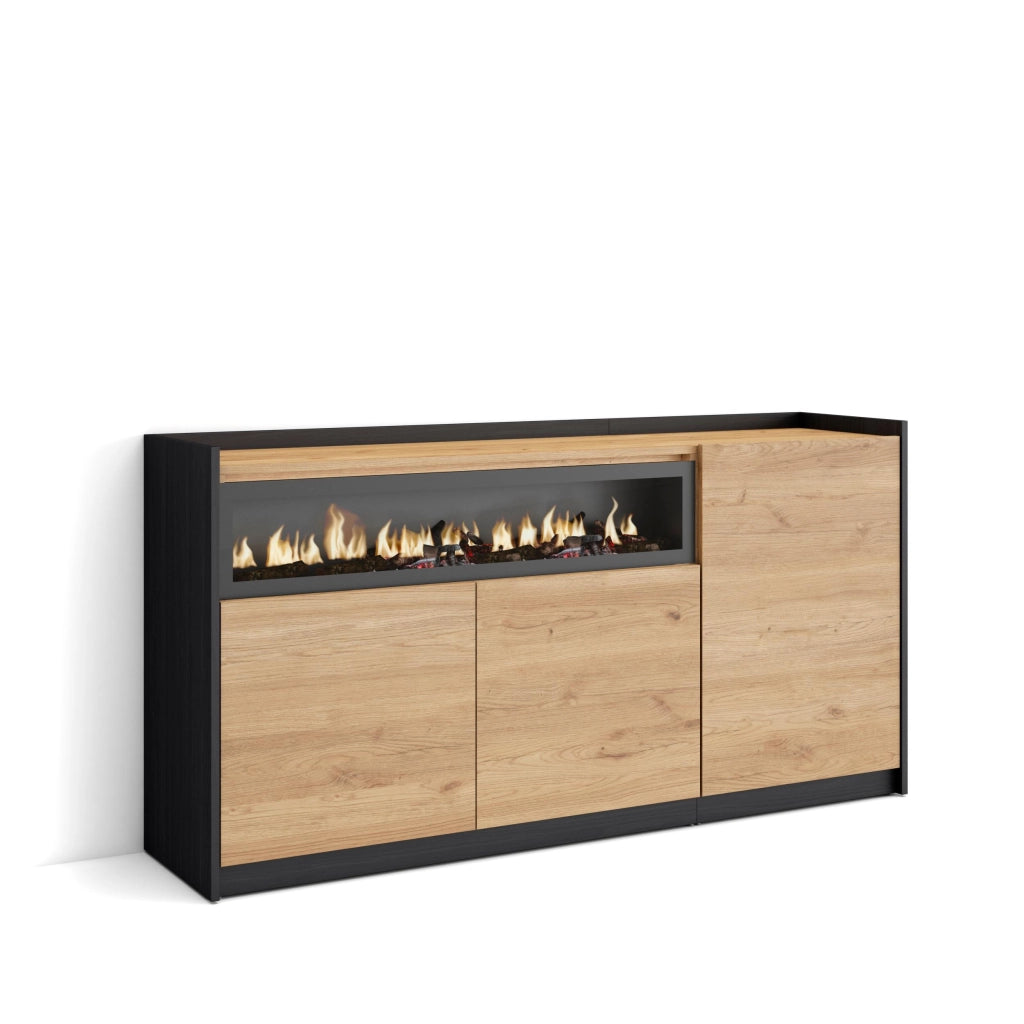 Credenza, Mobile, Cucina, 156x80x37 cm, 3 Porte, Camino elettrico, Rovere e nero