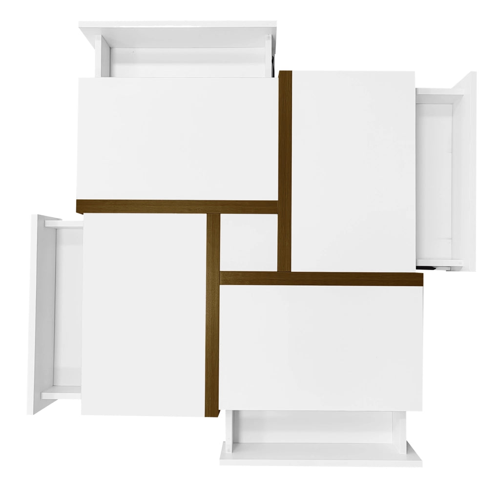 Tavolino da caffè 78x78x34.8 cm; 4 cassetti con finitura lucida e ripiano inferiore; truciolato bianco
