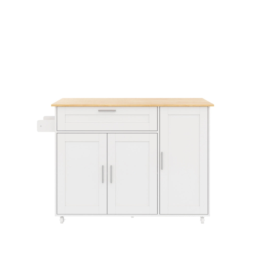 Carrello da cucina 132.5x44(70)x90 cm con piano pieghevole; 5 ruote; MDF bianco naturale