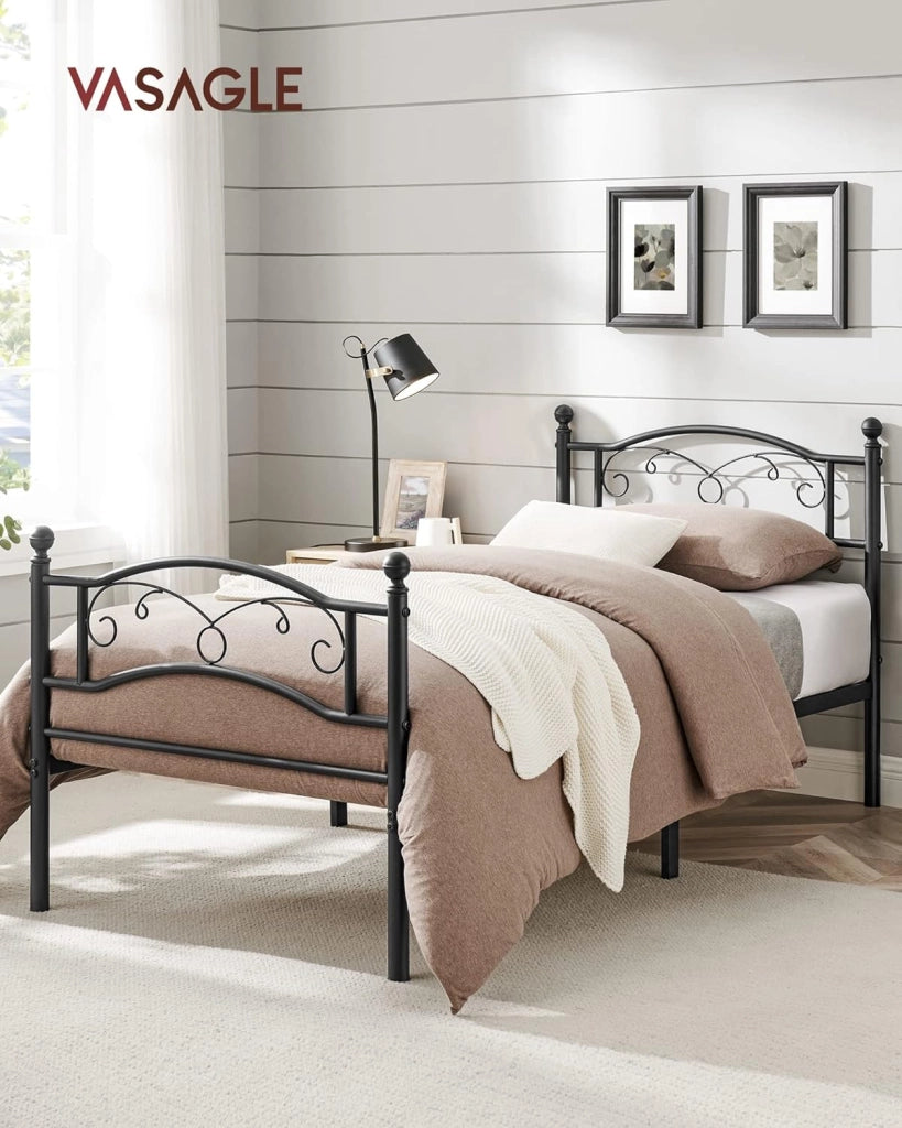 VASAGLE Struttura Letto Singolo in Metallo, Letto a Doghe per Materassi di 90 x 190 cm, per Stanza di Ospiti, Montaggio Facile, Nero RMB071B01