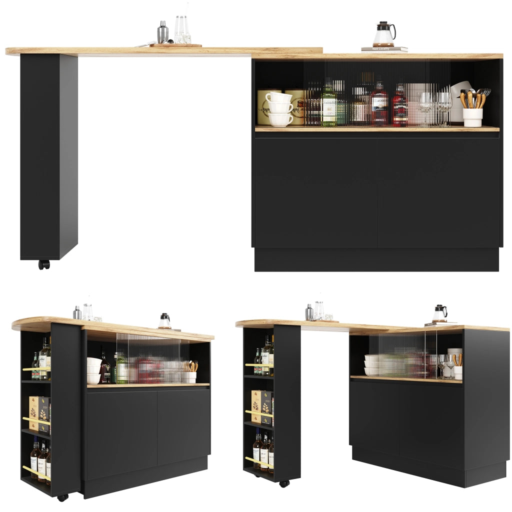 Mobile Bar Girevole a 360° con Ripiani Aperti e Anta Scorrevole in Vetro per Cucina e Sala da Pranzo in MDF Nero