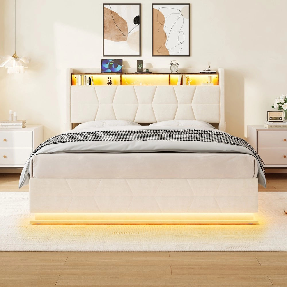 Letto Contenitore con LED, Ripiani e USB ¨C MINIMAL ¨C Beige 140x200