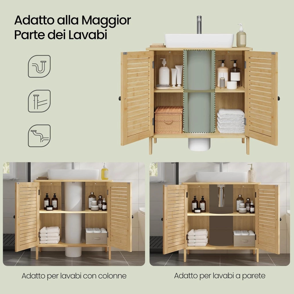 Mobile Da Bagno In Bambù, Base Con Ritaglio Per Sifone 20x23 cm, Armadio Indipendente Con Ante a Griglia e Ripiano Regolabile, 60x30x60 cm