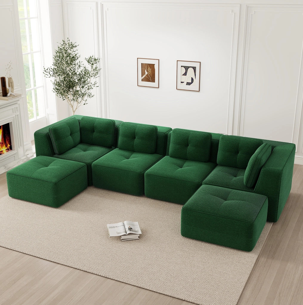 Divano angolare modulare 386x177x69 cm in tessuto corduroy verde