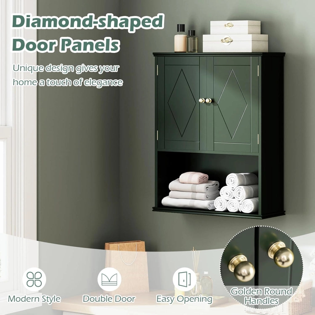Mobile da Bagno, Armadietto a 2 Ante con Ripiano Regolabile, Armadio da Parete con Mensola Semi-aperta per Asciugamani, Prodotti per la Cura della Pelle e Articoli da Bagno (Verde)