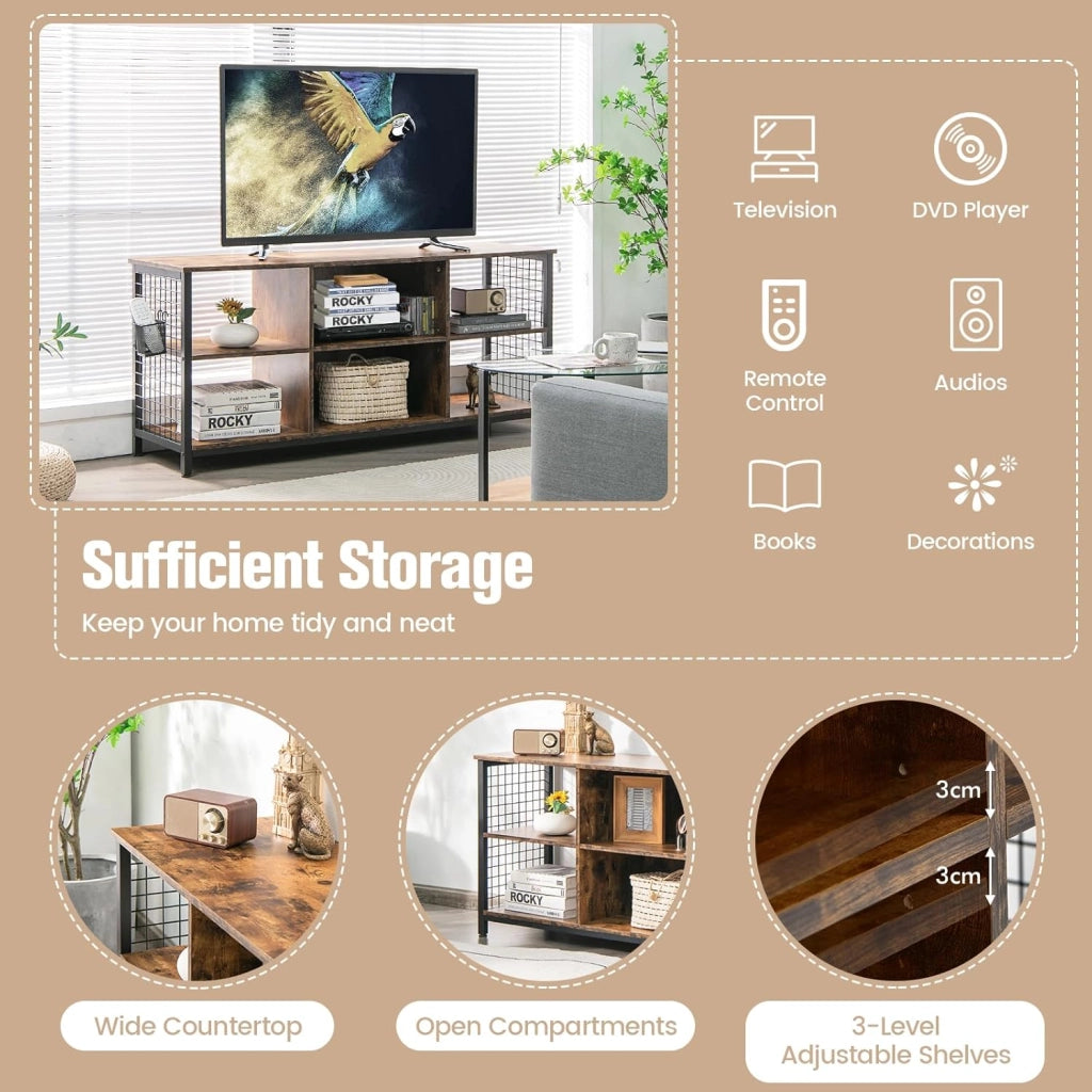 Mobile TV, mobile TV, mobile TV, supporto per TV fino a 65 pollici, cassettiera bassa, in legno con scomparti aperti e cestino portaoggetti, mensola TV industriale 140 x 40 x 63 cm