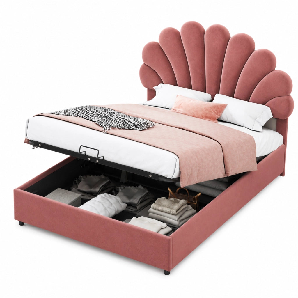 Letto matrimoniale 140x200 cm; contenitore idraulico; velluto rosa (Senza materasso)