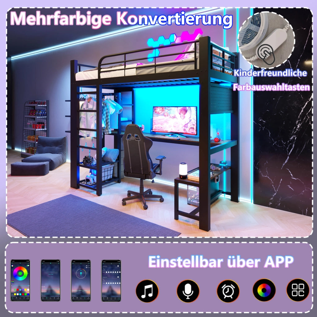 DESMIU Lit mezzanine 90 × 200 cm 1 posto con LED, ripiani e scrivania, senza materasso, in metallo, nero