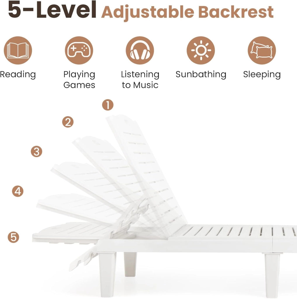 Set di 2 sedie a sdraio da giardino in PP con schienale reclinabile a 5 livelli, bagno da sole, carico 160 kg, per balcone, terrazza, picina, 156 x 55 x 83 cm (bianco)