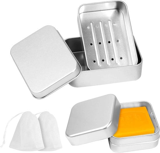 Set di 2 secchi di sapone impermeabili - per bagno e viaggi - in alluminio e senza plastica - secchio di sapone portatile - argento - contenitore di archiviazione per sapone - adatto per l'uso domestico.