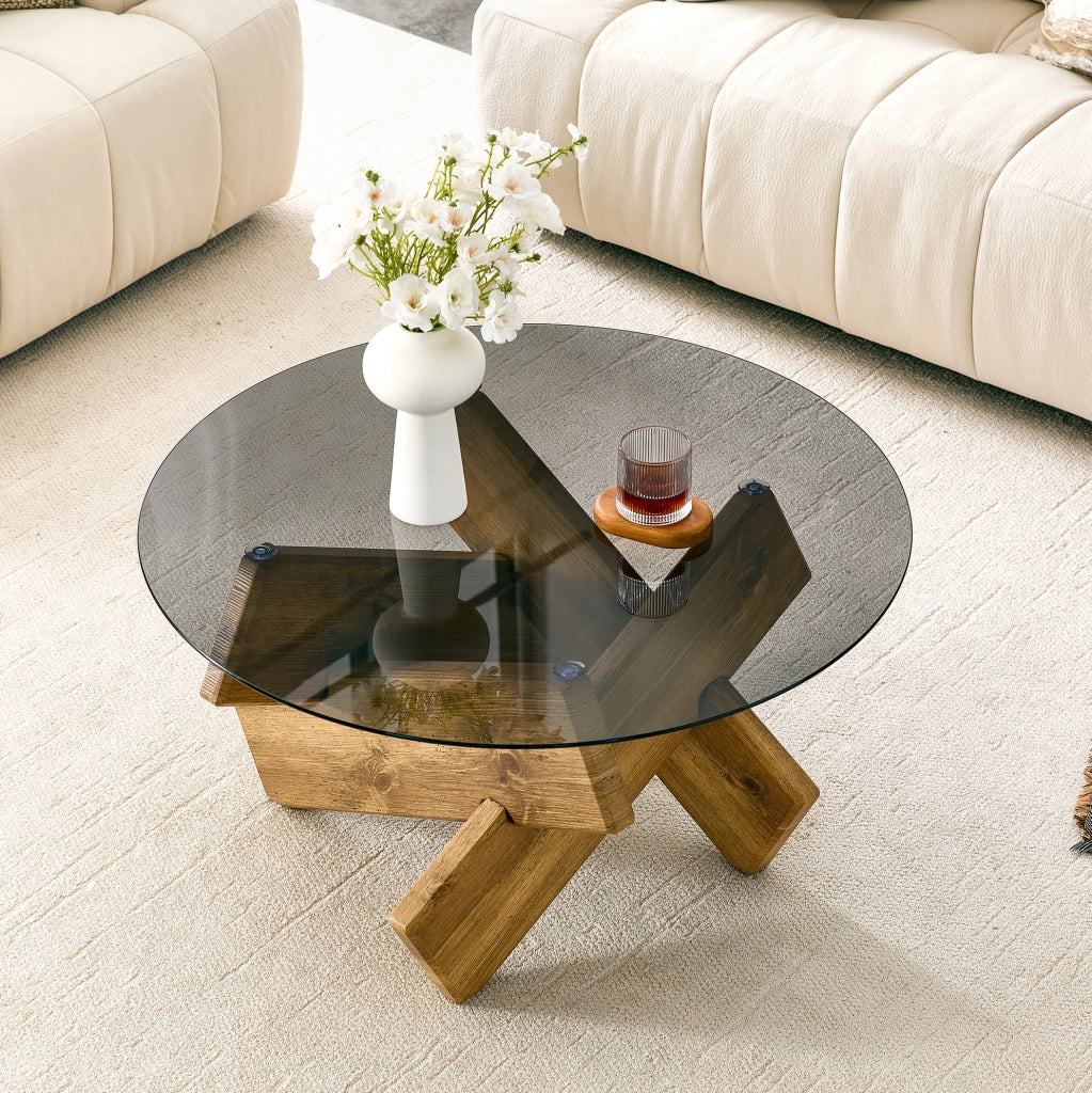 Tavolino rotondo 88.5x88.5x12.5 cm con piano in vetro temperato; base geometrica in MDF naturale