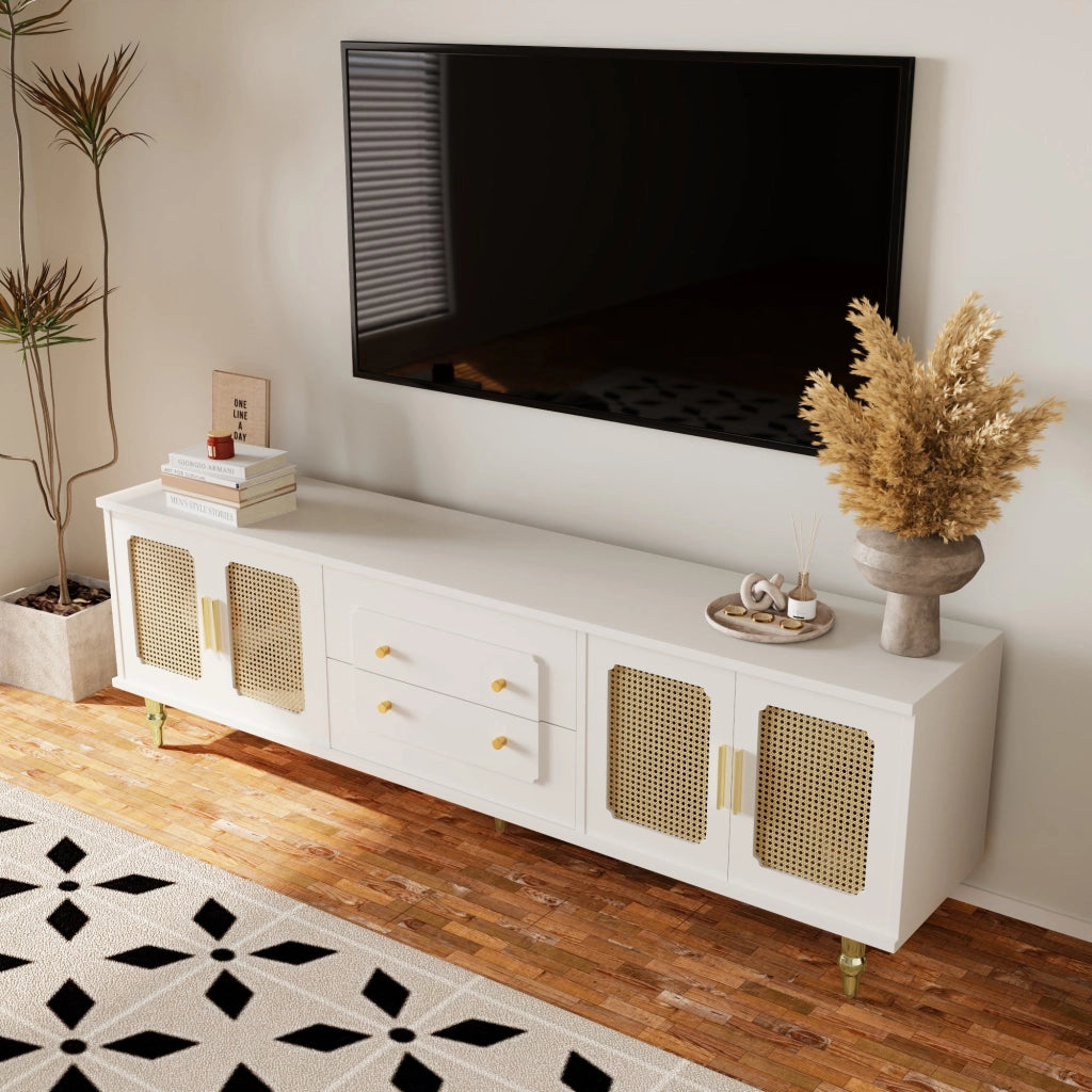 Mobile TV con 4 Ante in Rattan PVC e 2 Cassetti Push-to-Open per Soggiorno in Pannello di Particelle Bianco 175 × 38 × 55.5 cm