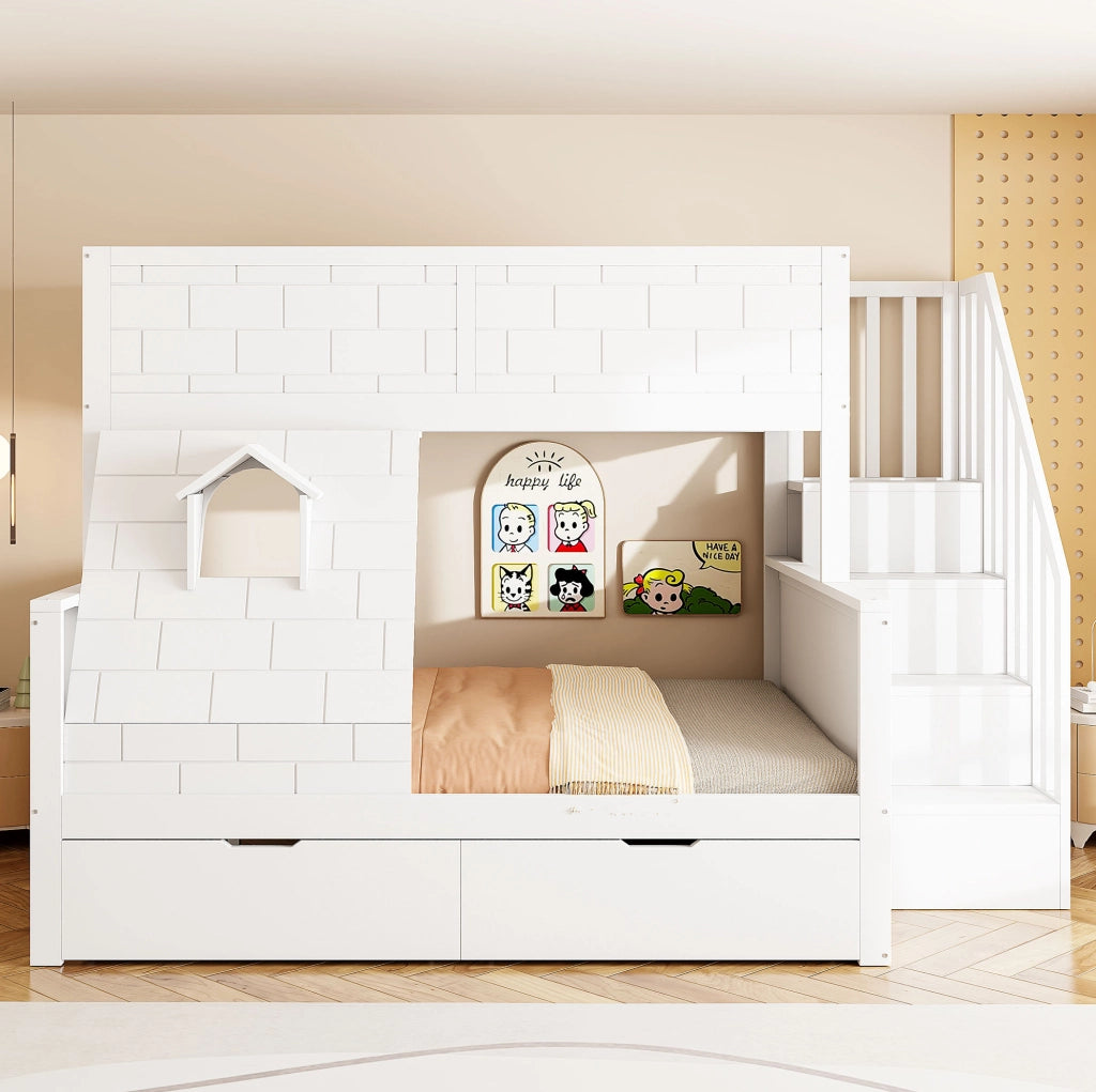 Letto a castello per bambini con scala contenitore e cassetti; 90x200/140x200 cm; bianco