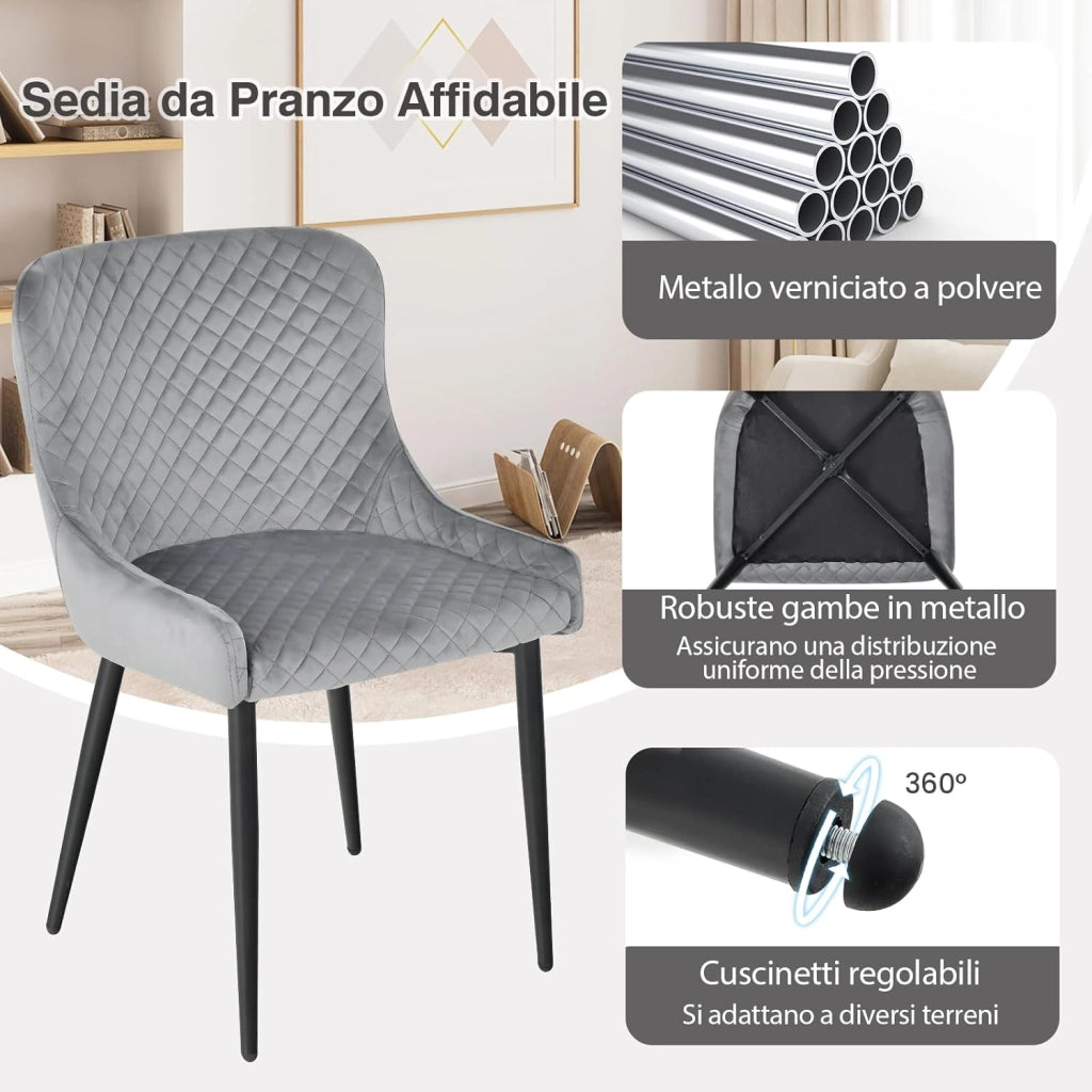 Set di 2 Sedie da Pranzo in Velluto, Sedie Imbottite da Cucina con Gambe in Metallo e Piedini Regolabili, Sedie Senza Braccioli Moderne per Soggiorno Cucina Bar, 60 x 52 x 80 cm, Grigio
