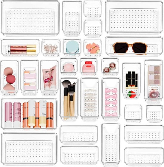 Sistema di Organizzazione dei Cassetti a 30 Pezzi, 4 Dimensioni di Organizzazione dei Cassetti, Organizzatore per Tavolo da Cura, Organizzatore per Scrivania con Cassetti